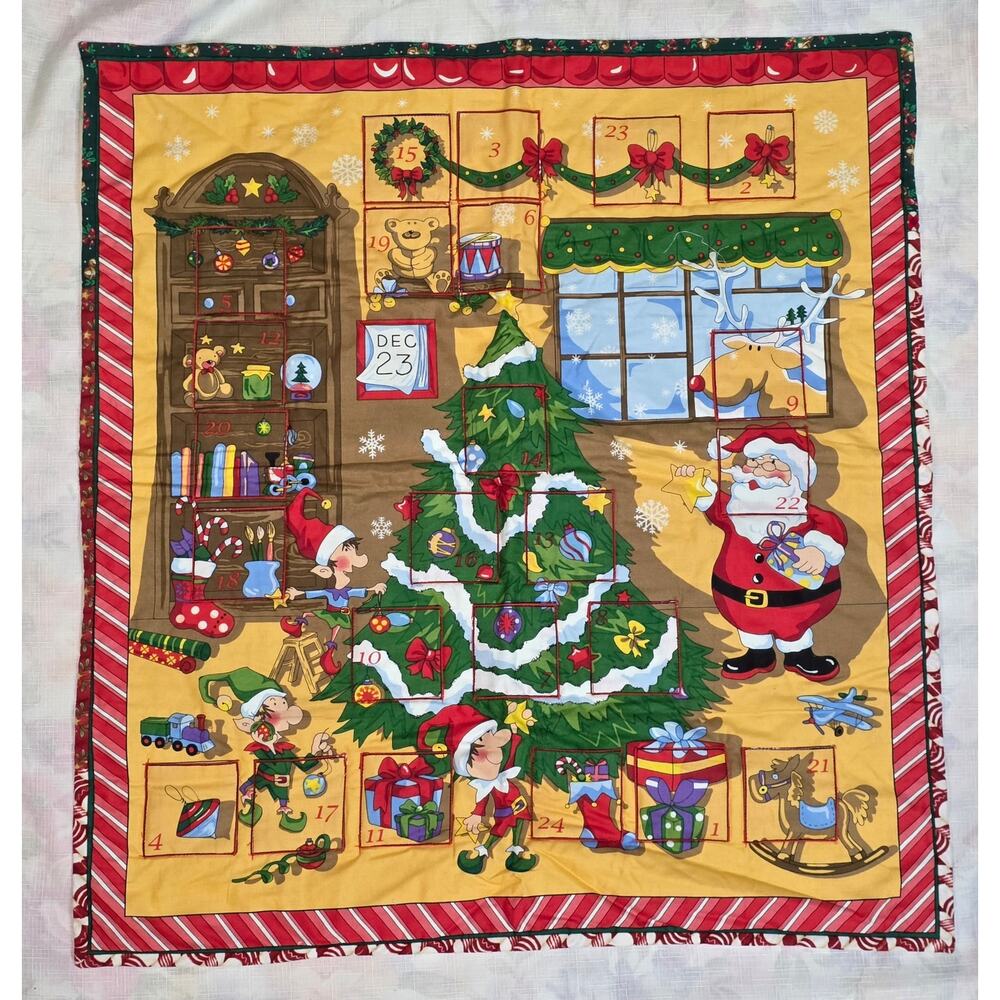 Santas Workshop Advent Calendar Fabric Christmas Elves Tree Reindeer 24 Pocket